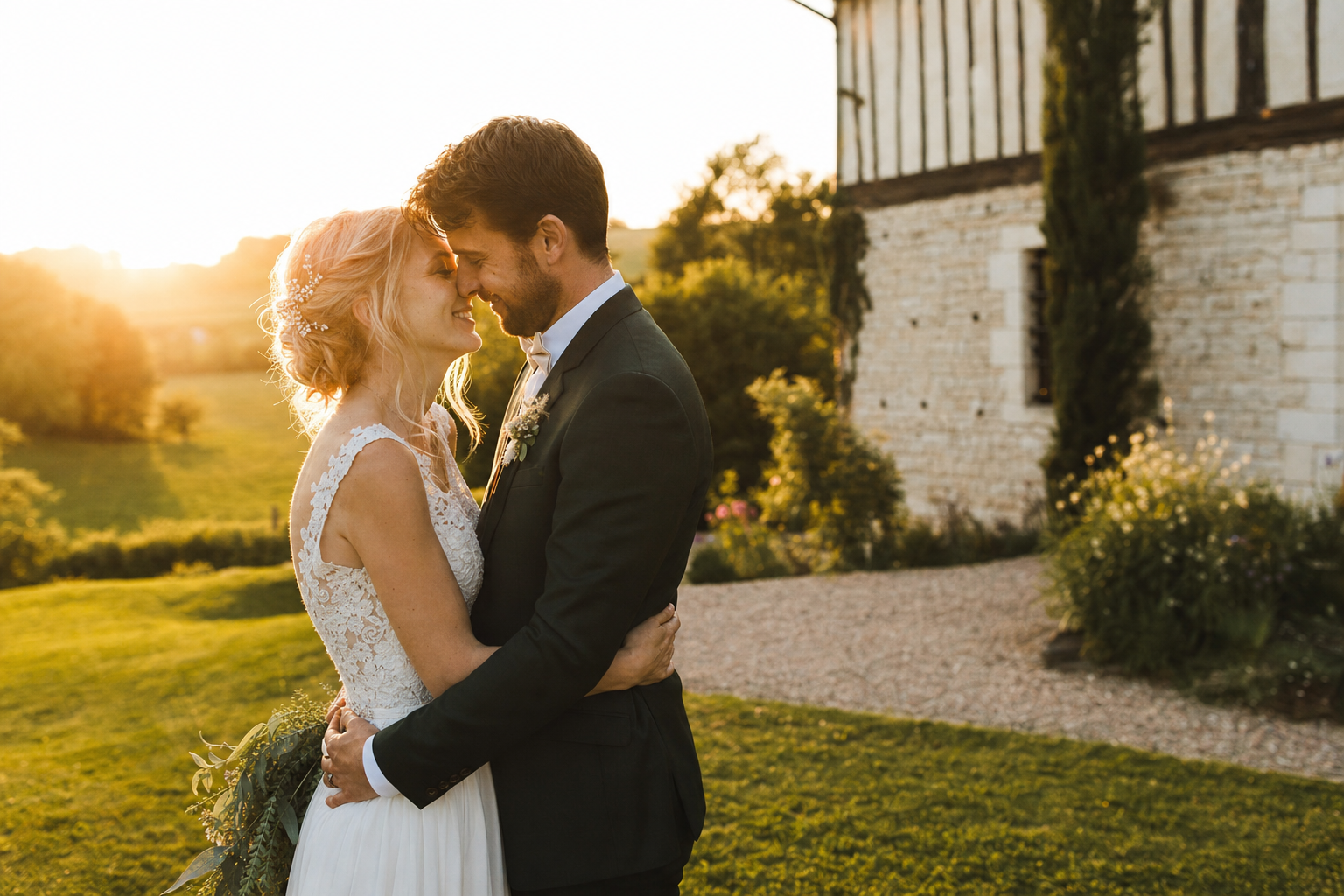 Photographe de mariage capturant un couple en lumière dorée en Normandie